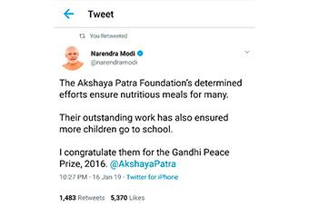 Akshaya Patra Bags Gandhi Peace Prize, 2016